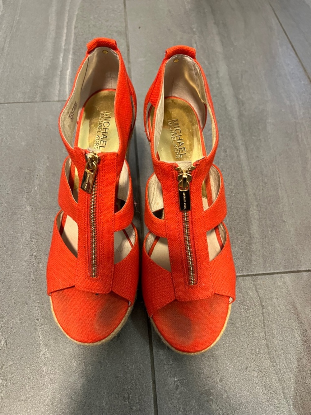 Michael Kors Berkley Bright Orange Canvas  Wedge Sandals with Front Zip